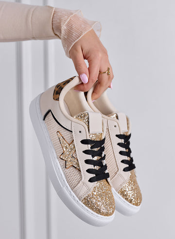 ANNALISA - Sneakers basse beige con glitter oro e retro maculato