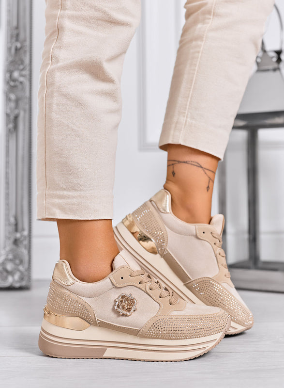 XIOMARA - Sneakers beige platform con inserti oro e strass