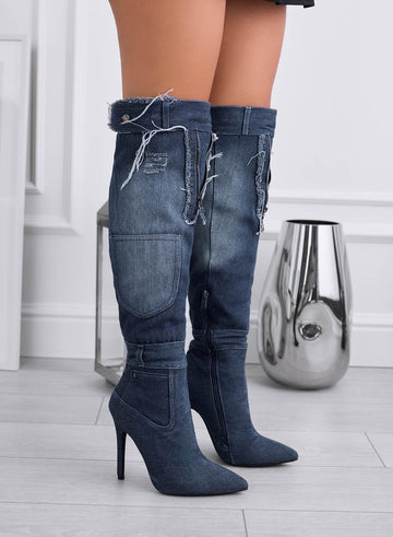 ZENA - Botas altas vaqueras azules con tacón alto de aguja