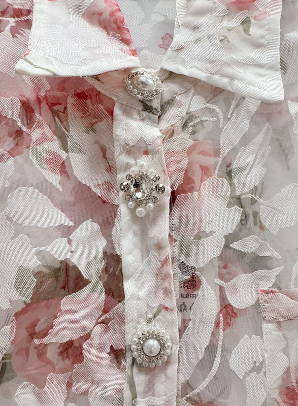 Camicia Donna in Organza Floreale con Bottoni Gioiello