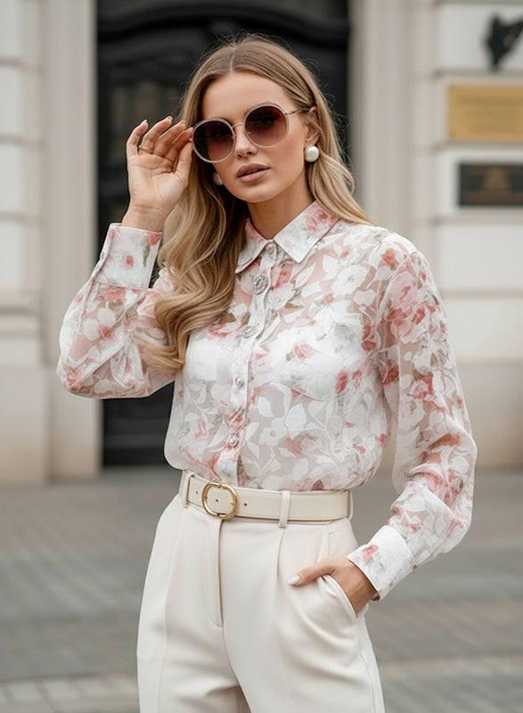 Camicia Donna in Organza Floreale con Bottoni Gioiello