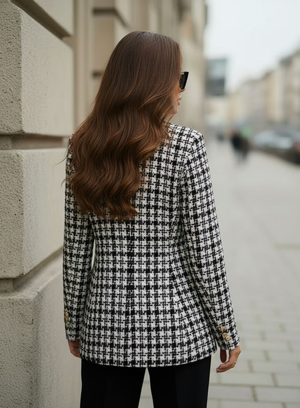 Giacca Donna a Fantasia Tweed bianco e nero con Bottoni oro