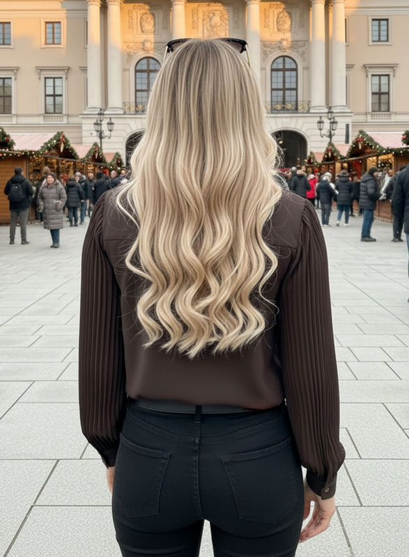 Camicia marrone con rouches e plissè