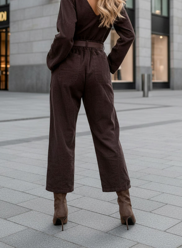 Pantalon marron à côtes avec ceinture