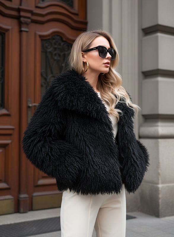 Black Soft Fur Effect Jacket with Pockets