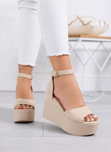 PENNY - Sandali beige platform scamosciati con cinturino alla caviglia