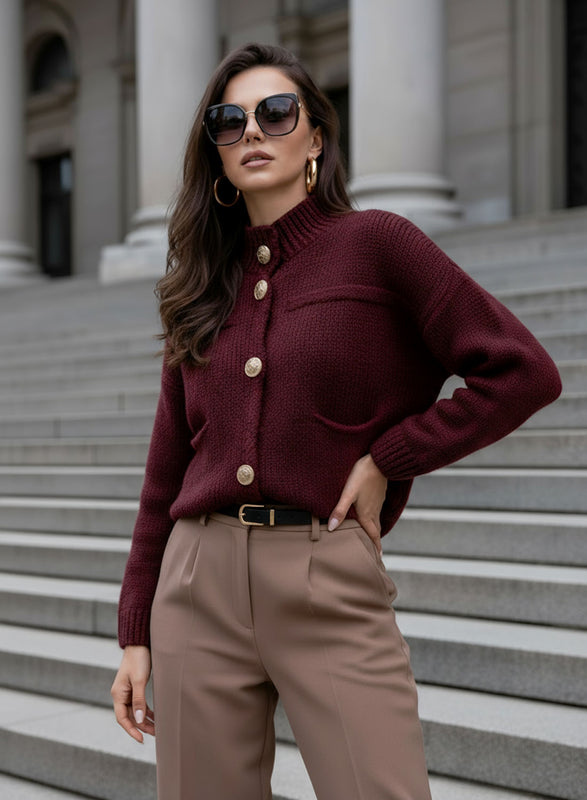 Veste cardigan bordeaux avec boutons dorés