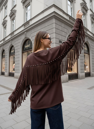 Maxi pull marron avec clous et franges