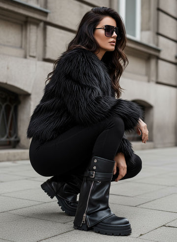 VALERY - Stivali biker neri con zip e fibbie suola platform carrarmato