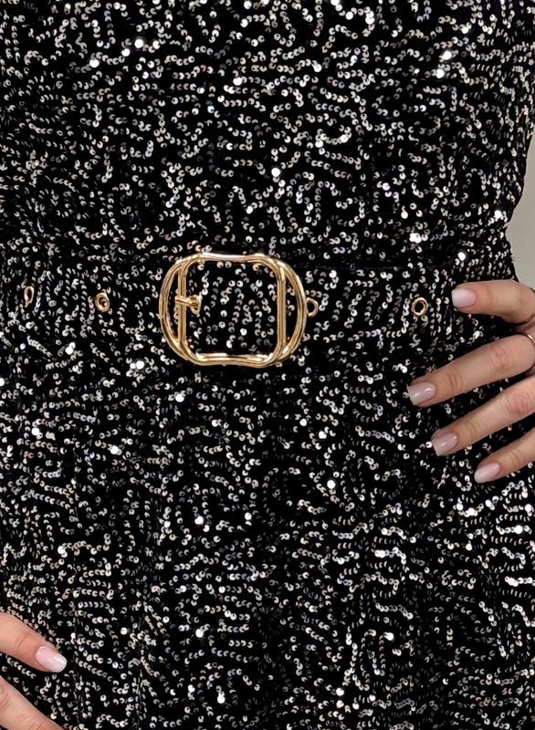 Abito argento in paillettes con cintura