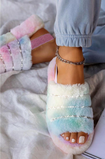 LEYLA - Zapatillas arcoíris de piel sintética con strass y elástico