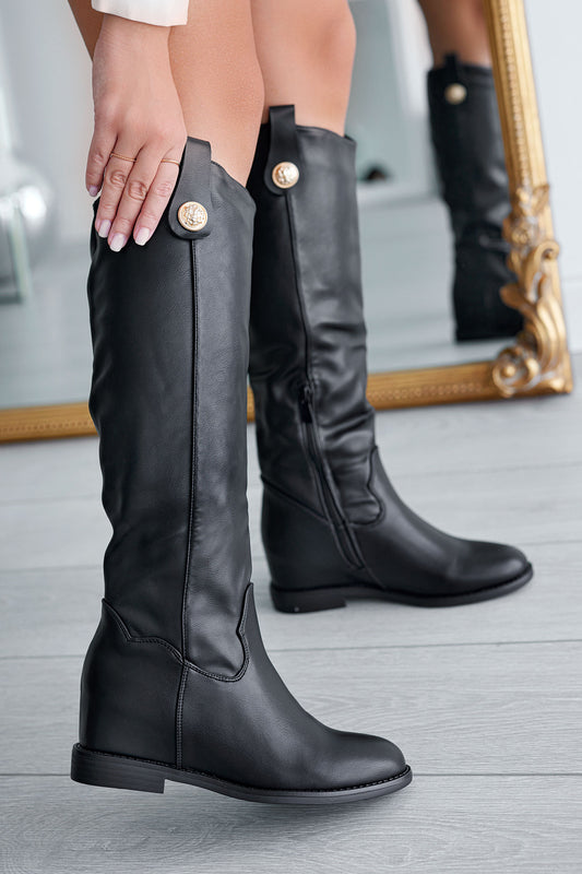 ROYAL - Black Alexoo boots with internal wedge and gold button