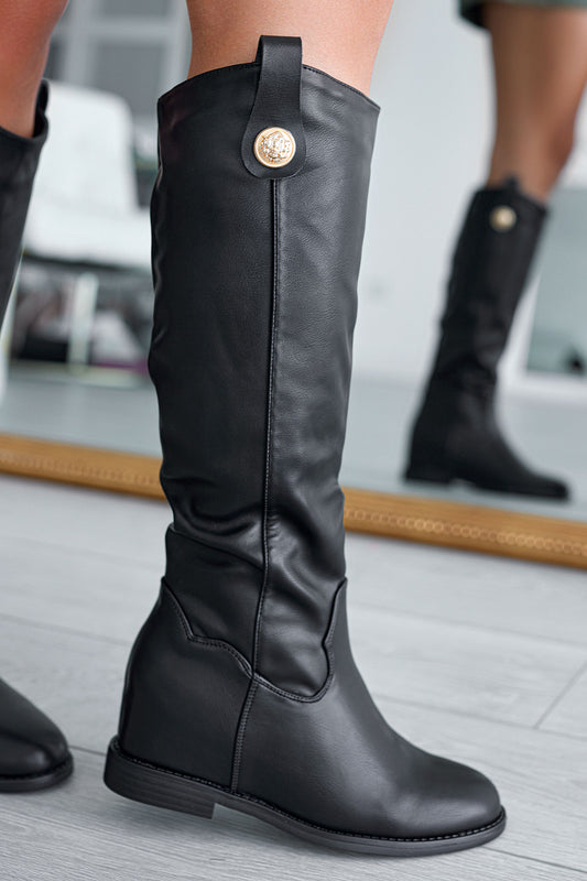 ROYAL - Black Alexoo boots with internal wedge and gold button