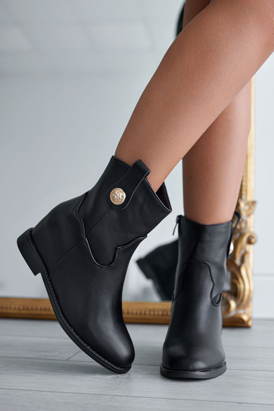 Alexoo black ankle boots with gold button