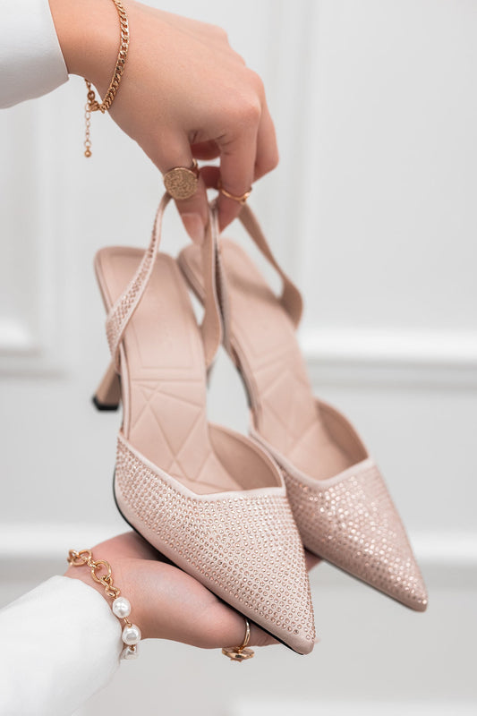 DEISY - Zapatos de salón oro rosa con tacón cómodo y pedrería