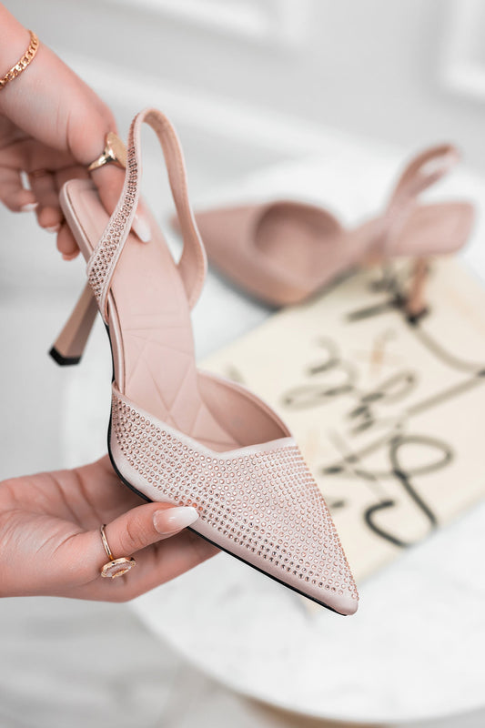 DEISY - Zapatos de salón oro rosa con tacón cómodo y pedrería