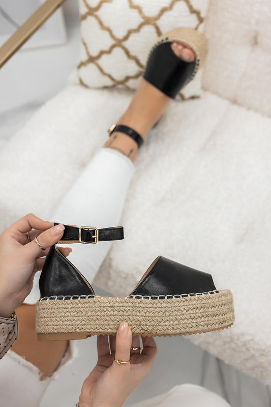 Sandales espadrilles noirs à semelle compensée et bride