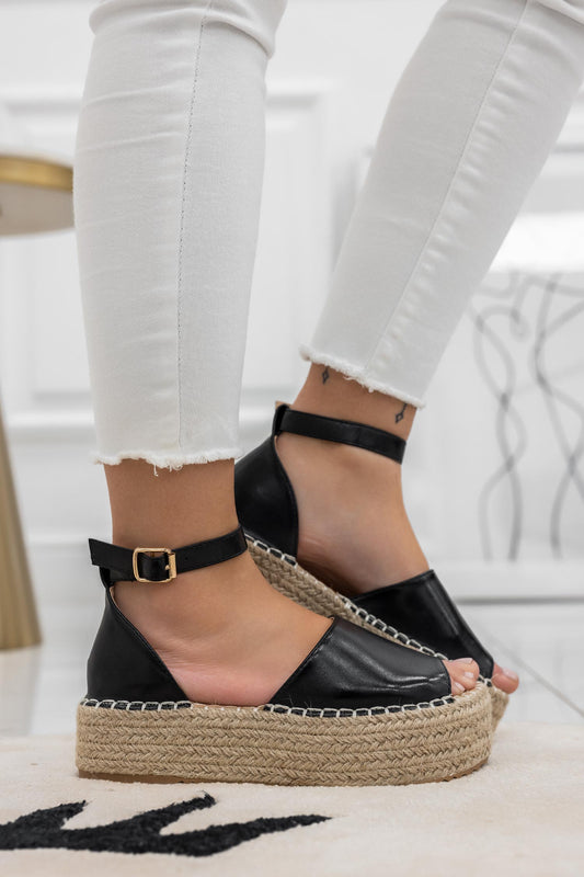 Sandales espadrilles noirs à semelle compensée et bride