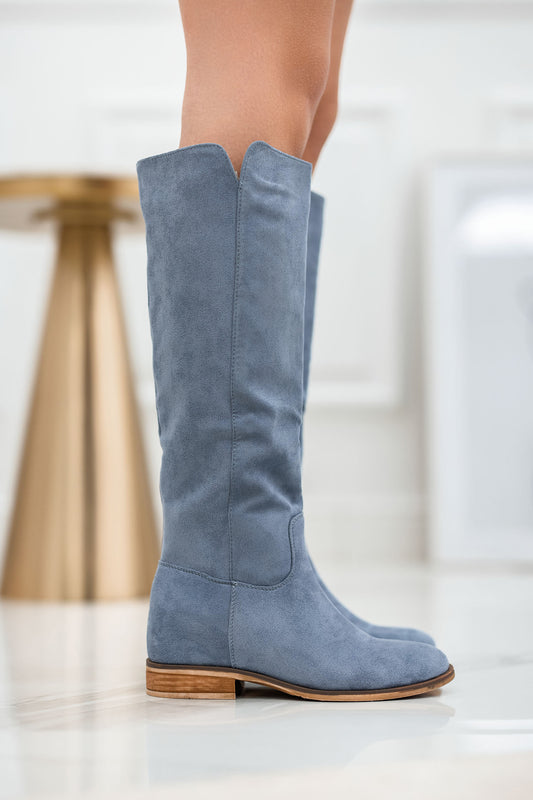 Blue suede boots with internal wedge