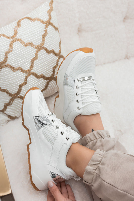 White perforated Alexoo sneakers with silver inserts