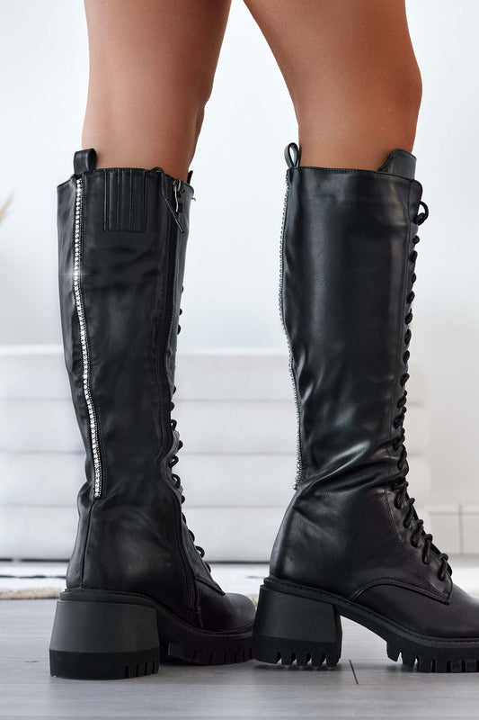 Bottes de combat Alexoo noires avec lacets et strass à l'arrière