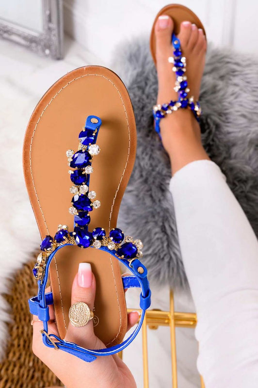 NATALIA - Flat jeweled thong sandals with blue stones