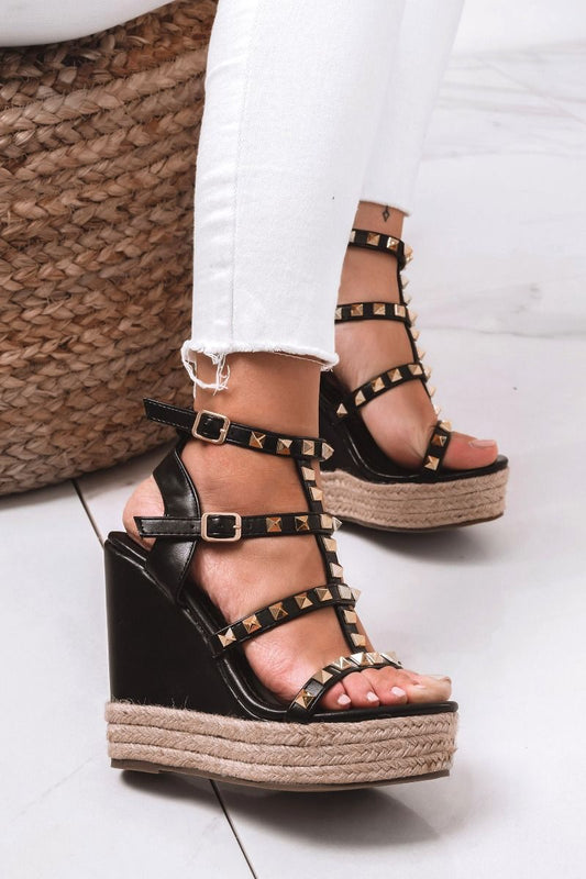 Black wedge sandals with laces and gold studs