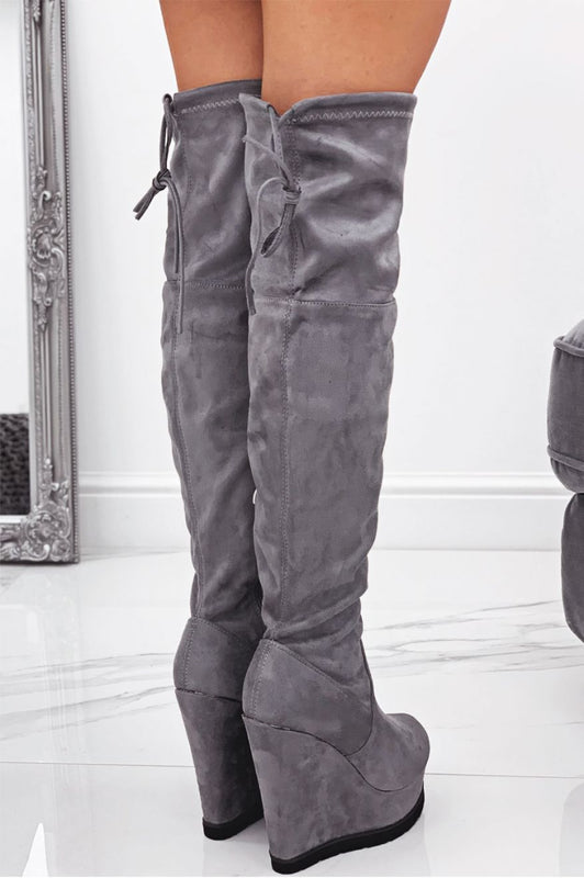 Grey suede over-the-knee wedge boots