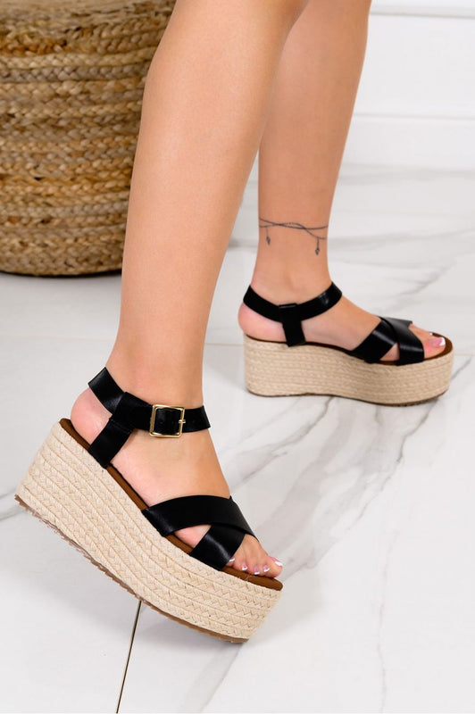 Black espadrille sandals with rope wedge