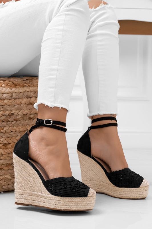 Espadrilles noires à semelle compensée en corde et broderie