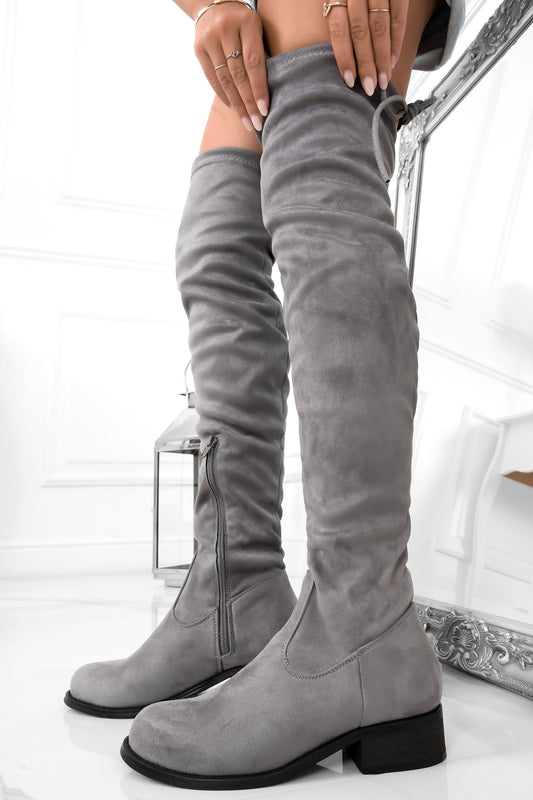 Grey suede over-the-knee boots with lace