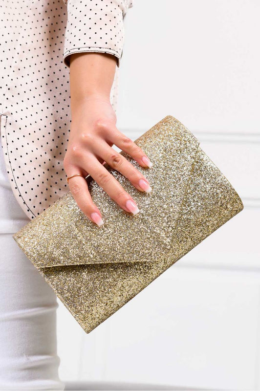Bolso clutch dorado con purpurina B203