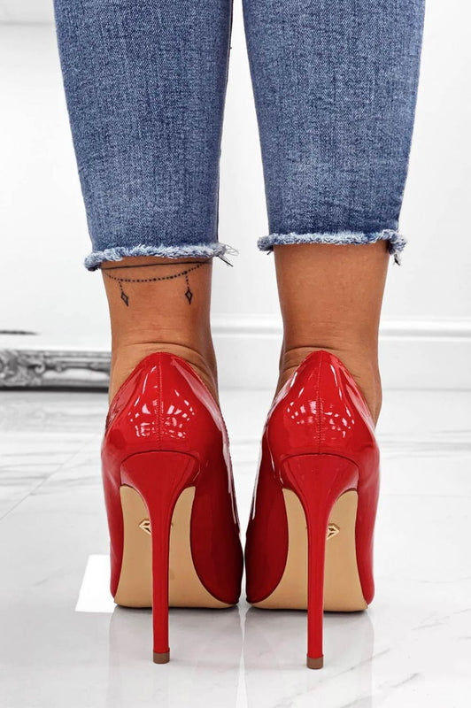 Red patent leather pumps with high heel