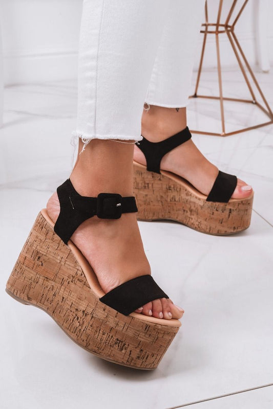 Black wedge platform sandals with cork print