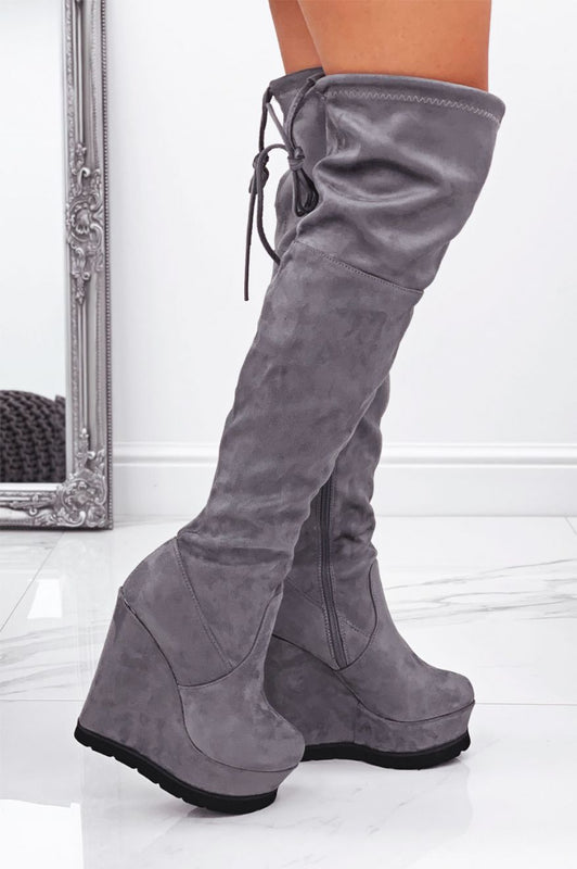 Grey suede over-the-knee wedge boots