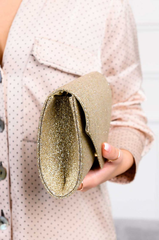 Bolso clutch dorado con purpurina B203