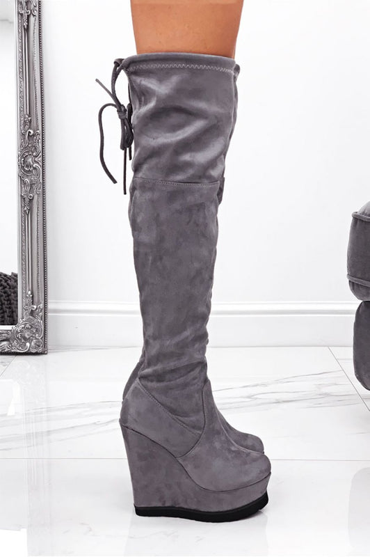 Grey suede over-the-knee wedge boots
