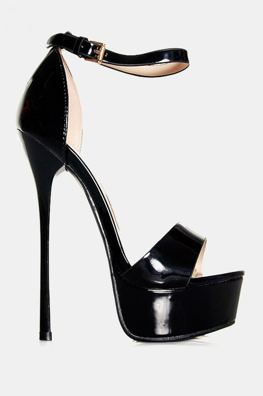 High-heeled patent leather sandals in black