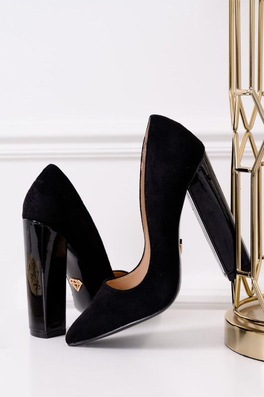 DELIA - Zapatos de salón negros de ante con tacón ancho de charol