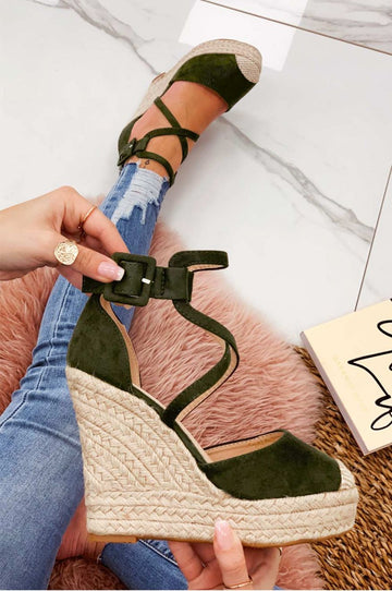 Green espadrilles with wedge heel and crossover straps