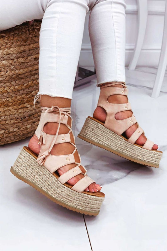 Beige lace-up sandals with rope wedge