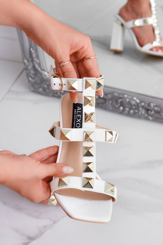 BRIDGET - White Alexoo sandals with gold studs and high heel