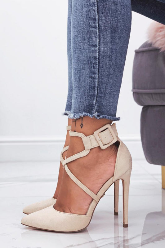 Beige suede pumps with high heel