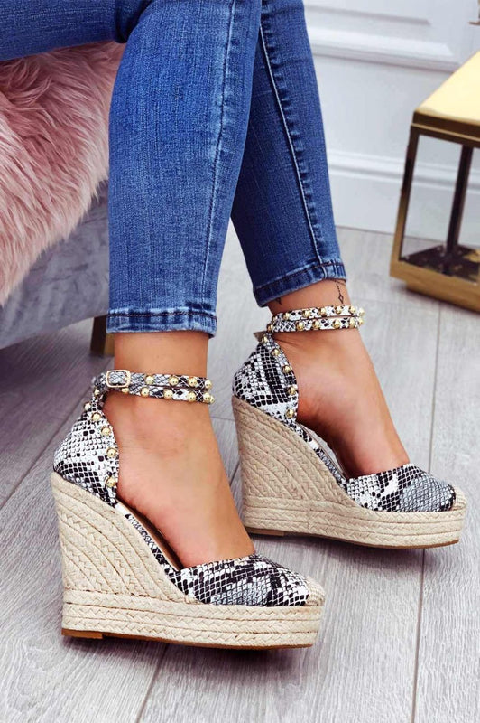 Metallic python-effect espadrilles with high wedge and gold studs