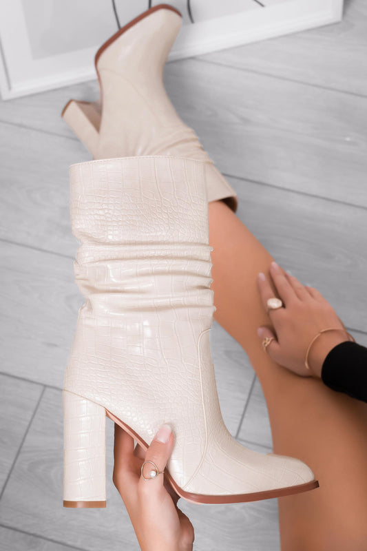 Beige Alexoo ankle boots with crocodile effect