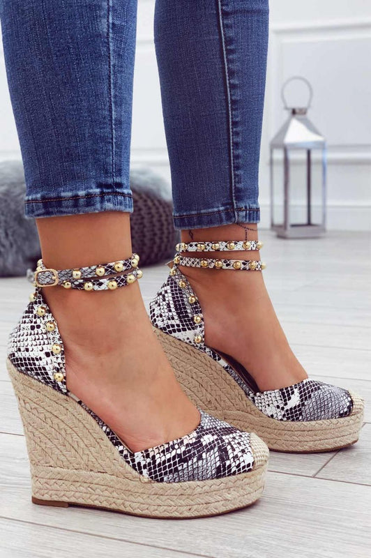 Metallic python-effect espadrilles with high wedge and gold studs