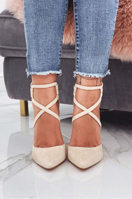 Beige suede pumps with high heel