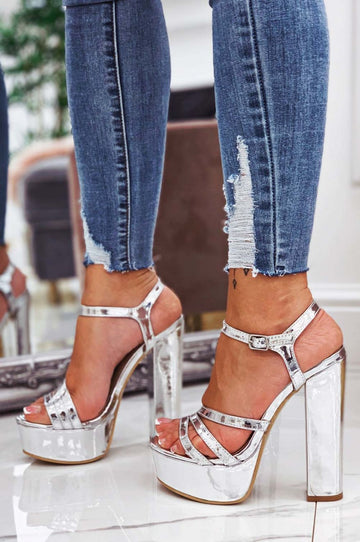 Silver patent leather sandals with high heel