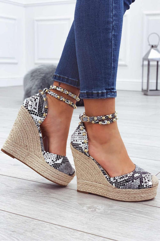 Metallic python-effect espadrilles with high wedge and gold studs