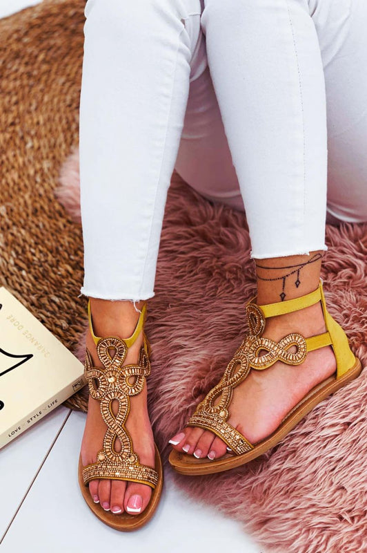 Sandalias planas amarillas joya con strass